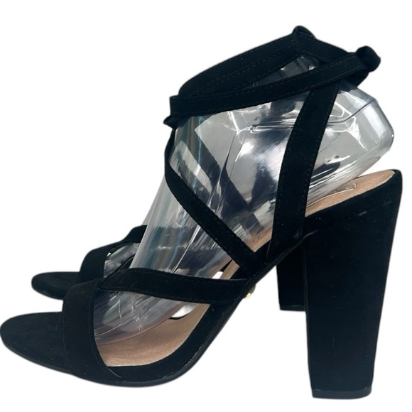 Billini Womens SZ 9 Black Suede Preen Strappy Block Heels Wrap Ankle Whimsigoth - Picture 4 of 14